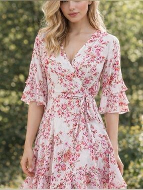 CALVIN KLEIN PINK 🌸FLORAL🌸 PRINT LIGHWEIGHT WRAP MIDI DRESS SIZE 6 🌟NWT🌟